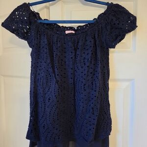 Navy Blue Lace Off-Shoulder Top